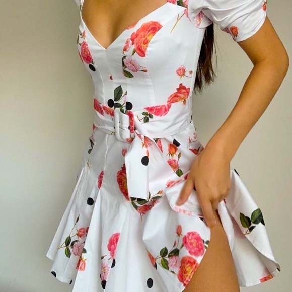 NEW! Floral & Polka Dot Belted Cut Out Back Mini Dress - Picture 1 of 12